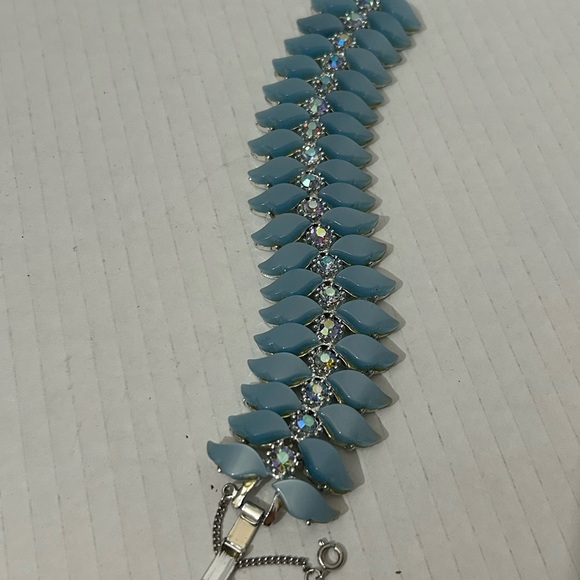 Costume Bracelet Pale Blue & Silver Jeweled with Angel Wing Design - Picture 3 of 5